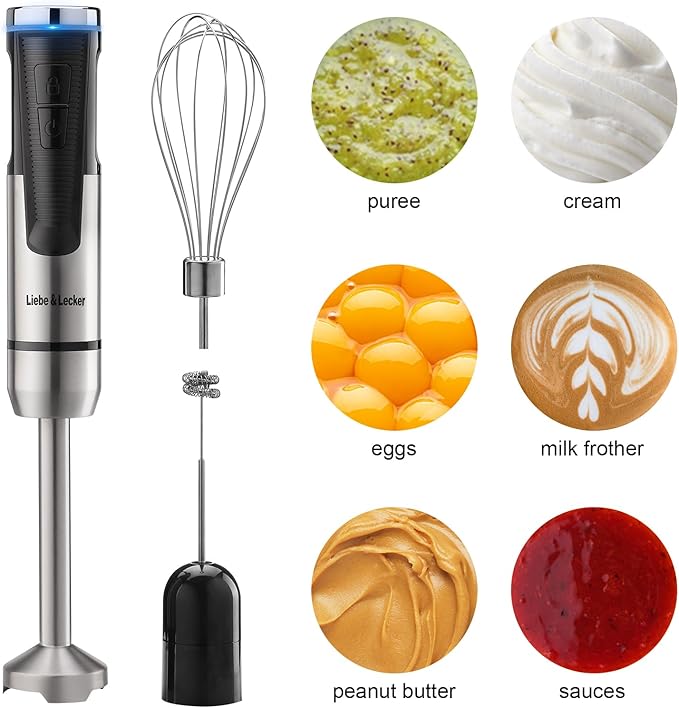 Liebe&Lecker Cordless Hand Blender, Immersion Blender Handheld USB Rechargeable 8 Variable Speeds with Whisk, Milk Frother Attachments, Portable Stick mixed for Milkshakes, Smoothies & Soups.