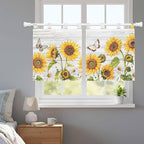 Yellow Sunflowers Kitchen Curtains 24 Inch Length, Small Window Curtains Tab Top, Vintage Country Flowers Butterfly Wood Board Light Filtering Short Window Treatments Tier Drapes 27.5"x24" 2 Panel