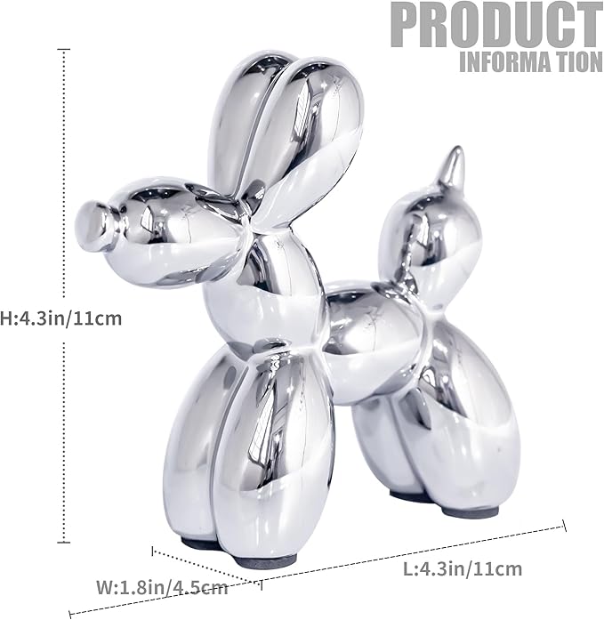 Creative Balloon Dog Statues Small Ceramic Animal Sculpture Modern Home Decor Living Room Desktop Decorations Bedroom Office Cabinet Ornament (Silver)