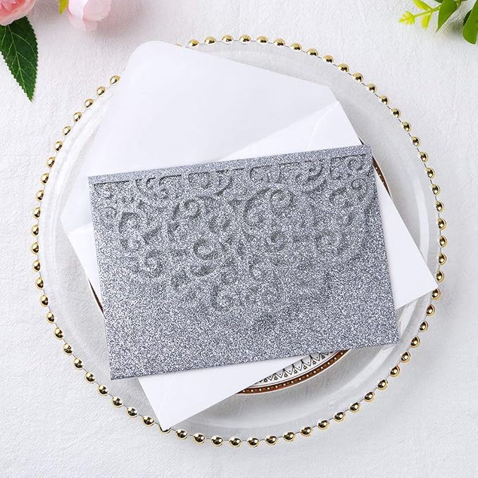 PONATIA 5.12 x 7.2 Laser Cut Invitation Pocket, 20 Tri-Fold 5 x 7 Laser Cut Wedding Invitation Pockets with Envelopes for Wedding Bbay Shower Birthday Sweet 16 Invite (Silver Glitter, No Inner Sheet)