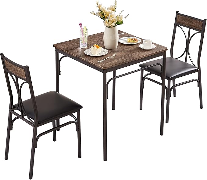 VECELO Kitchen Dining Room Table Set with 2 Chairs for Small Space, Apartment,Metal Steel Frame