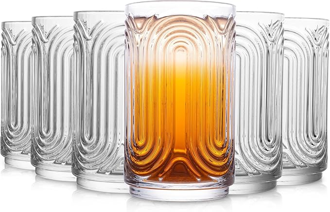 INSETLAN Set of 6 Vintage Glassware - 14 oz Water Drinking Glasses, Art Deco Ripple Glass Cup, Cocktail Glasses, for Bar Beverages Ice Coffee Juice, Housewarming Presents, New House Essentials