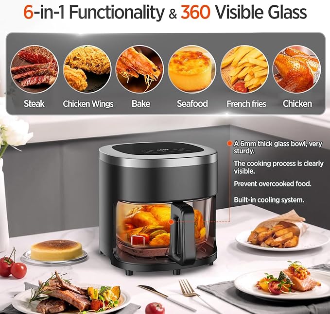 4.5QT Air Fry,Glass Air Fryer,6-IN-1 Air Fryer with Viewing Glass Pot,Roast, Reheat, Dehydrate, Air Crisp Technology,Nonstick & Dishwasher Safe Basket,97% Less Oil,Features Digital Timer
