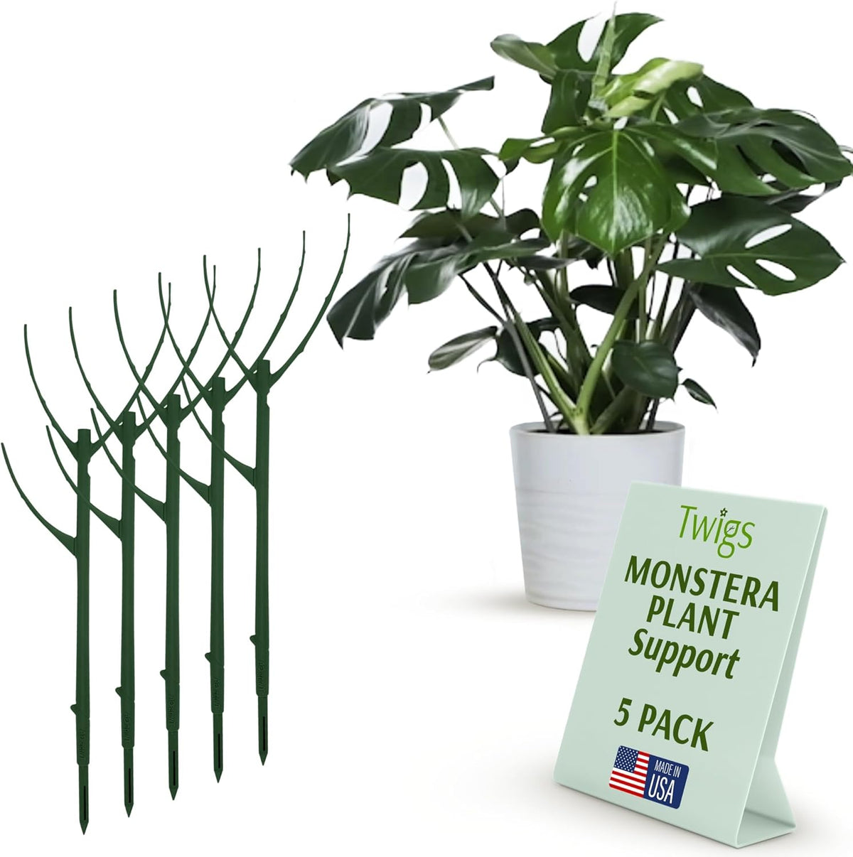 Stackable Monstera Plant Support Stakes, Climbing Plants Support Structures for Indoor & Outdoor Use, Garden Accessories, Alternative to Moss Pole - Monstera Green, 5 Pack, 17" L