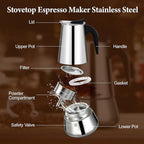 6 Cup Moka Pot Percolator Italian Coffee Maker 300ml Stovetop Espresso Mocha Stainless Steel Greca Coffee Maker Classic Cafe Makers Suitable for Induction Cookers Ceramic Stoves Tummy