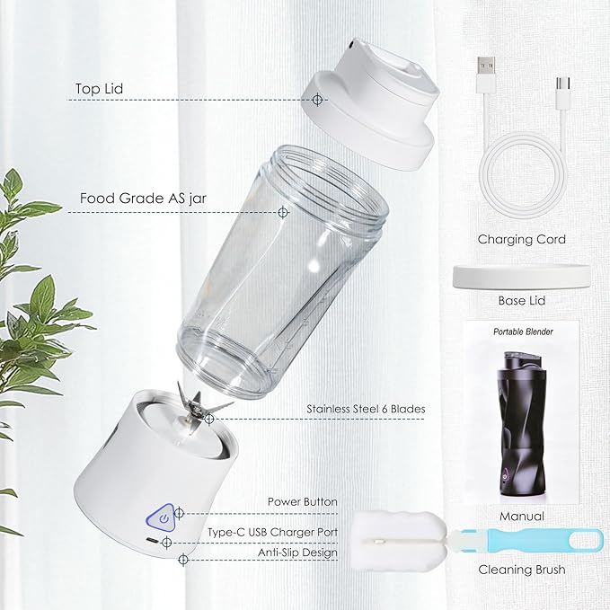 Personal Blender Wireless 24oz Cordless Mini 360 Watt Portable Blender-for Smoothies Freshly Squeezed Juices 6000mAh Self Cleaning and BPA Free Portable Juicer with 6 Sharp Blade Pearl White
