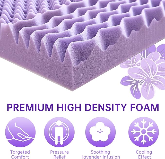 MUXHOMO 3 Inch Full Size Mattress Topper, 7-Zone Cooling Gel Infused Mattress Topper, Egg Crate Foam Bed Pad, CertiPUR-US and Oeko-TEX Certification (54"×75", Lavender)