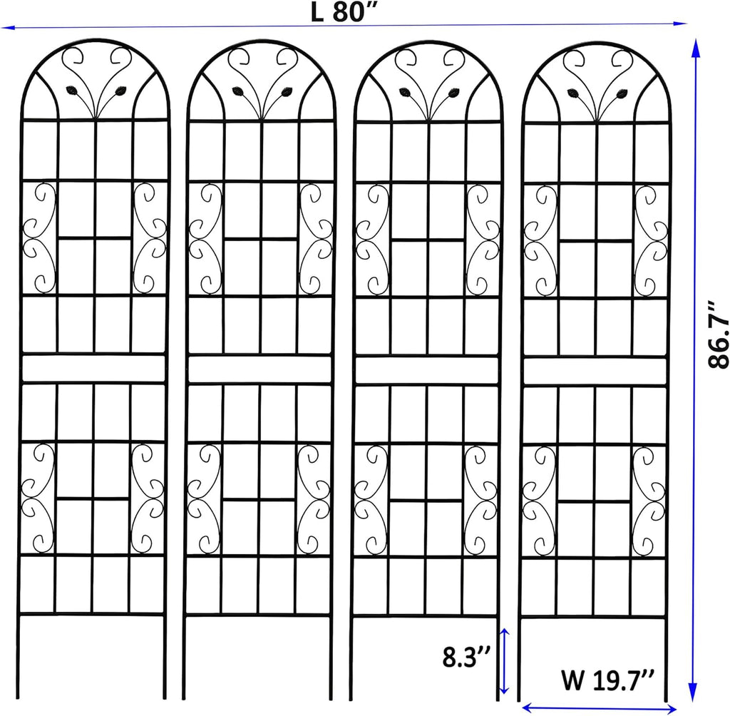 4 Pack Metal Garden Trellis 86.7" Tall Outdoor Climbing Plant Support for Roses, Flowers, Rustproof Durable Black Galvanized Tube, Lawn Garden Fence Decor Screen (4, Black curves-86.7" H)