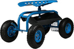 Sunnydaze Rolling Garden Cart with Seat - Garden Stool with Wheels and Adjustable 360-Degree Swivel Seat - Utility Tool Tray and Storage Basket - Blue