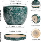 SQOWL 8 Inch Plant Pot - Ceramic Planter for Indoor Plants, Decorative Flower Pot with Drainage Hole and Saucer, Round Planter Outdoor, Room Patio Decor, Garden Gifts for Women, Green