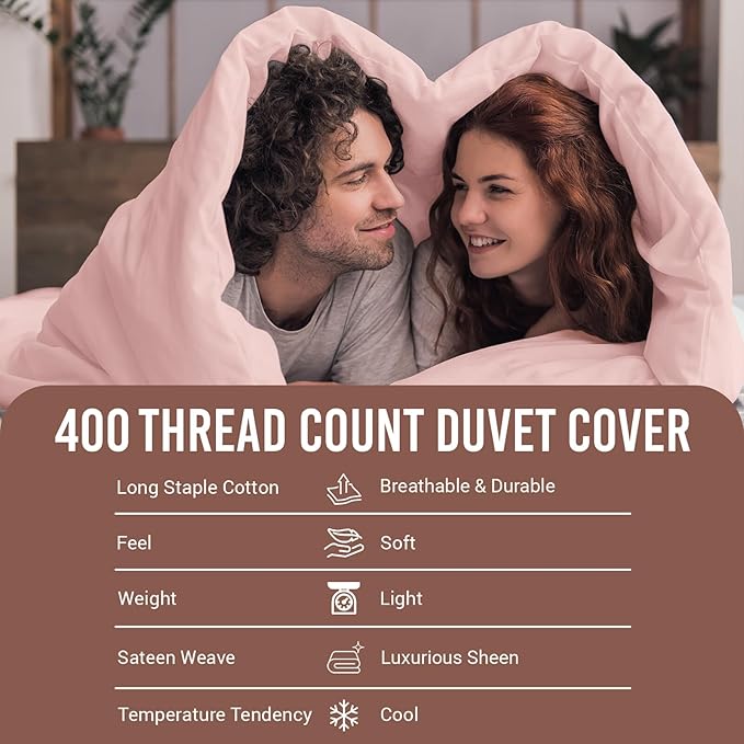 Pizuna Pure 100% Cotton King Duvet Cover Set, Luxurious 400 Thread Count Long Staple Cotton Sateen Weave with Button Closure (Combed Light Pink Cotton Duvet Cover King)