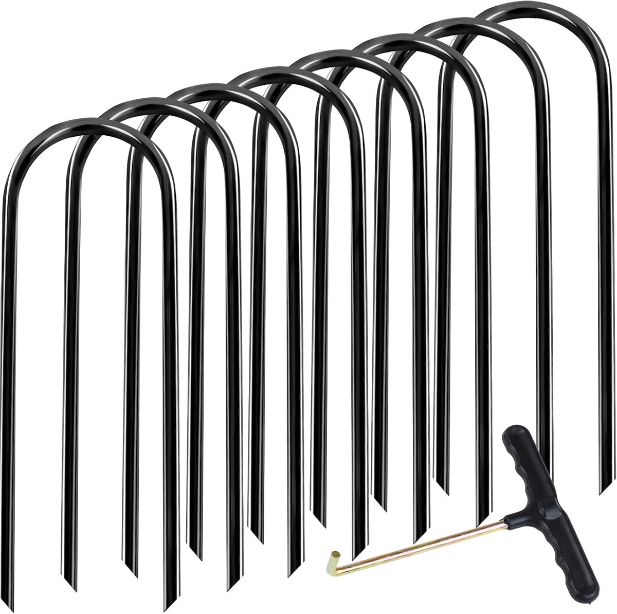 8Pcs Trampolines Wind Stakes, 12 Inch Landscape Staples, Heavy Duty Trampoline Anchors, U-Shaped Garden Stakes, Ground Stake with T Hook for Soccer Goals Trampoline Camping Tents (Black)