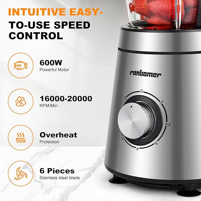 Blender,Blenders for Kitchen,Glass Blender for Shakes and Smoothies,crush ice,51 oz Glass Jar,Simple Speed Dial,6 Stainless Steel Blades, Ice Crusher with Speed Control, Silver.