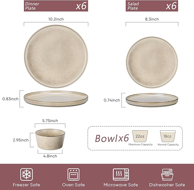 Herogo 18 Pieces Dinnerware Set Service for 6, Dinner Plates and Bowls Sets, Reactive Glaze Stoneware Dishes for Kitchen, Chip and Crack Resistant, Microwave & Dishwasher Safe, Cream Khaki