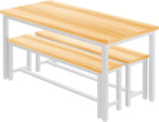 AWQM Dining Table Set with Two Benches, Kitchen Table Set for 4-6 Persons, Kitchen Table of 47.2 x 28.7 x 28.7 Inches, Bench of 41.3 x 11.8 x 17.7 Inches Each, Oak