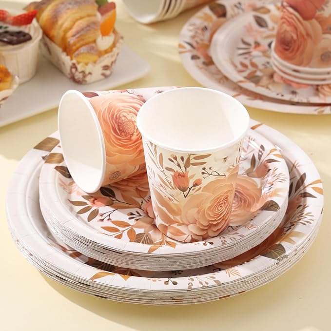Boho Plates and Napkins Sets for 25 Guests, Floral Birthday Party supplies for Boho Fall Party Decorations