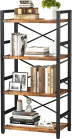 Homeiju Bookshelf, 4 Tier Small Bookcase, Organizers and Storage, Metal Small Bookcase, Rustic Book Shelf Organization and Storage for Living Room, Bedroom, and Home Office(Rustic Brown)