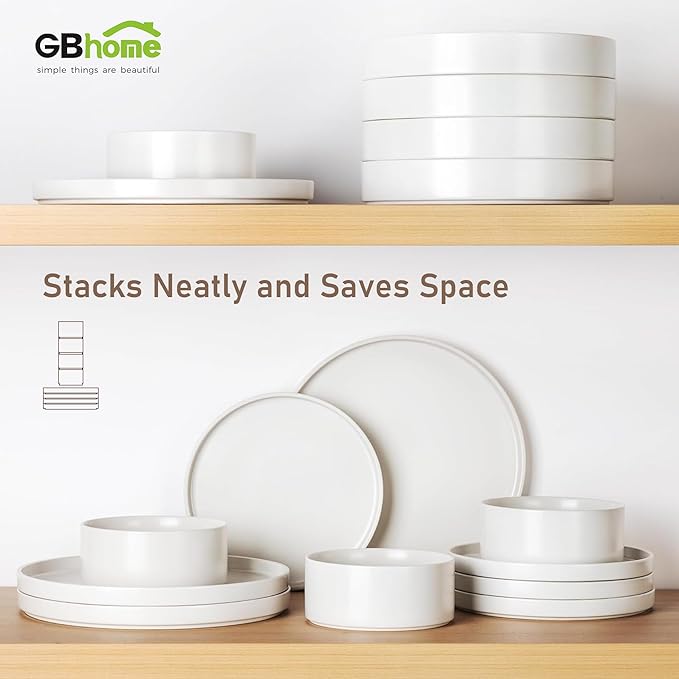 GBHOME Ceramic Dinnerware Sets for 4, Stoneware Plates and Bowls Sets, Chip and Scratch Resistant Dishes, Dishwasher & Microwave& Oven Safe Dishes sets, Reactive Glaze-White