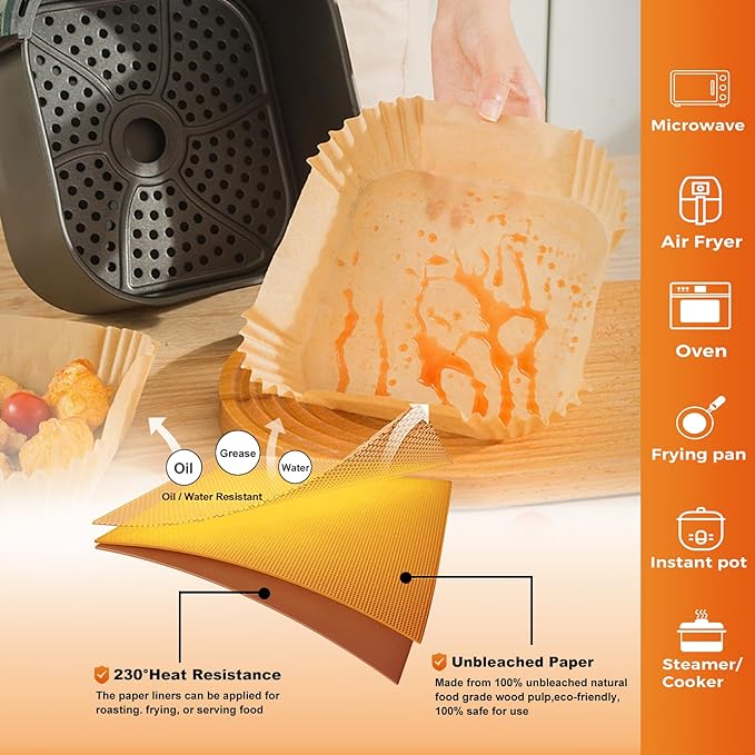 Air Fryer Paper Liners, 200pcs Air Fryer Liners Disposable, 6.3" Square Baking Liner for 2-4 qt Airfryer Basket, Non-stick and Oil Proof Parchment Paper for Oven, Pans & Baking