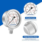 MEASUREMAN Fully Stainless Steel Hydraulic Glycerin Filled Pressure Gauge, 2-1/2" Dial Size,0-160psi/kpa,1/4" NPT Lower Mount