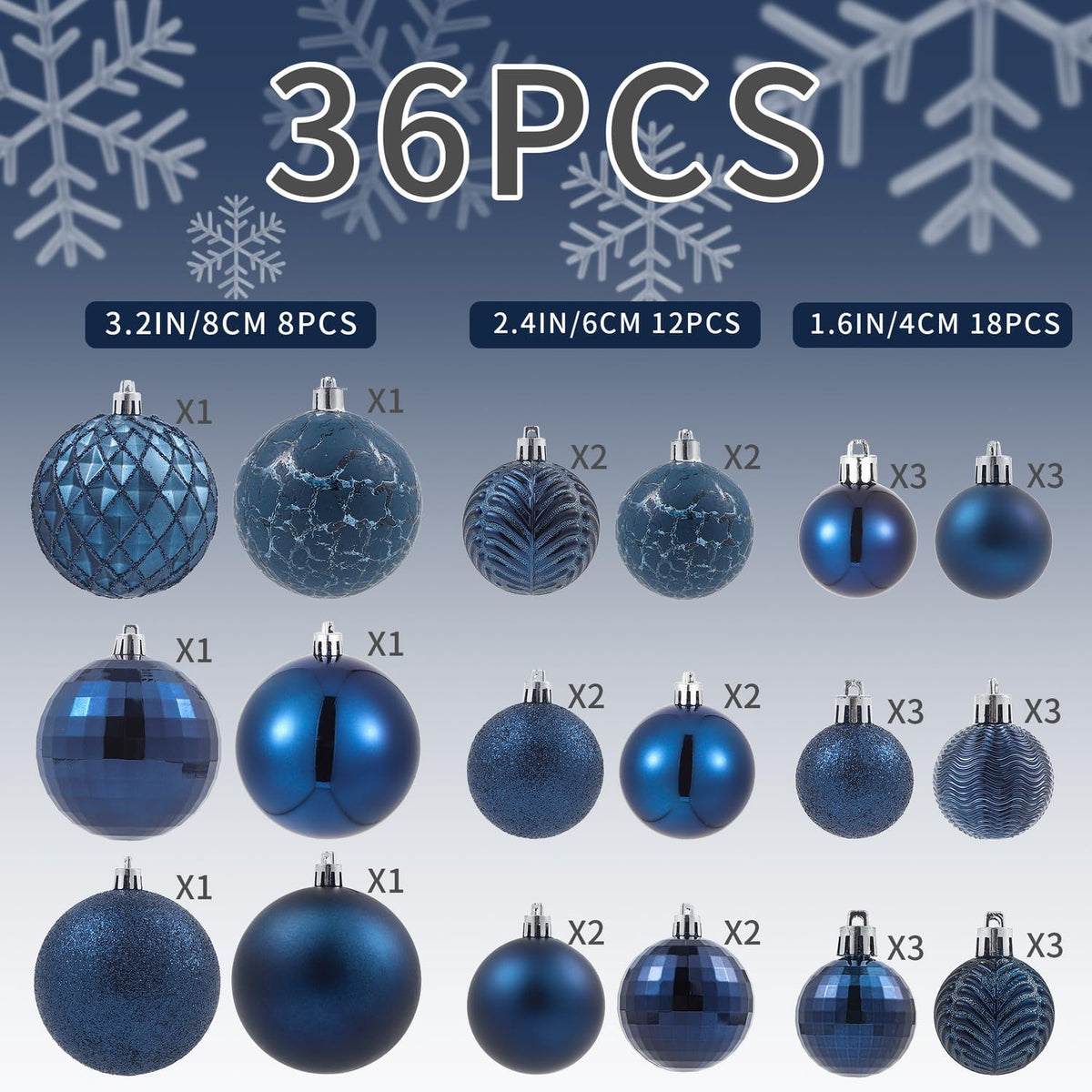 LANGXUN 36pcs Midnight Blue Christmas Tree Decorations Balls, Bolas De Navidad, 2025 Christmas Decor, Indoor Outdoor Shatterproof Christmas Ornaments, Xmars Party Wedding Suppiles
