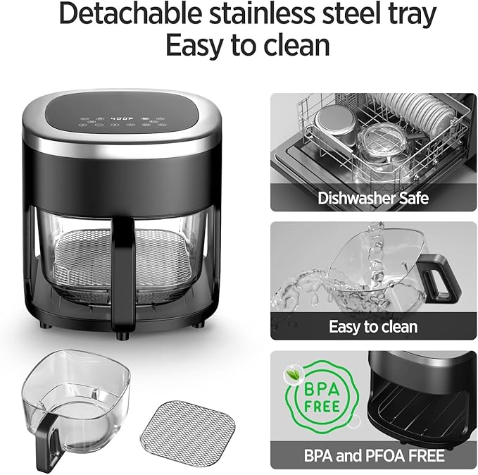4.5QT Air Fry,Glass Air Fryer,6-IN-1 Air Fryer with Viewing Glass Pot,Roast, Reheat, Dehydrate, Air Crisp Technology,Nonstick & Dishwasher Safe Basket,97% Less Oil,Features Digital Timer