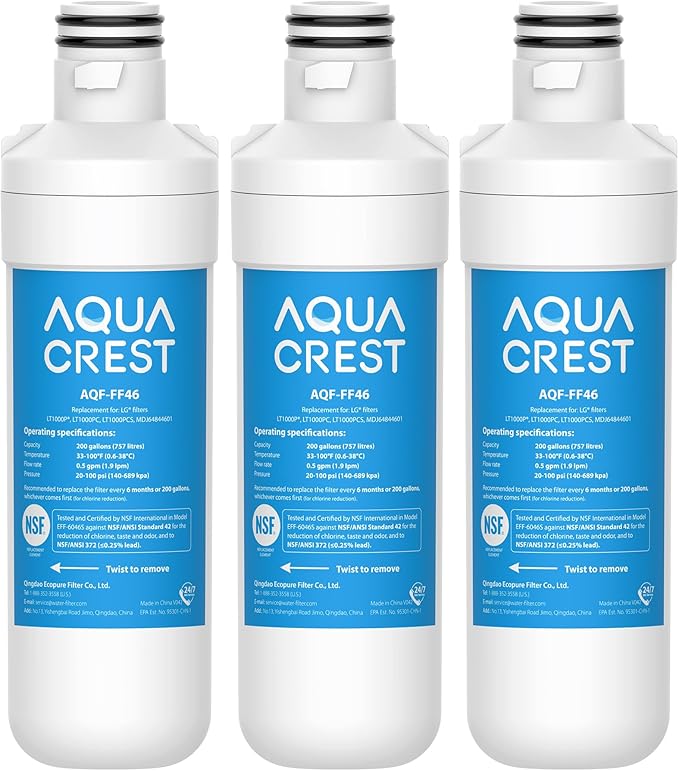 AQUA CREST LT1000PC ADQ747935 MDJ64844601 Refrigerator Water Filter, Replacement for LG® LT1000P®, LT1000PC, LT1000PCS, ADQ74793501, ADQ74793502, LFXS26973S, Kenmore 469980, 9980, 3 Filters