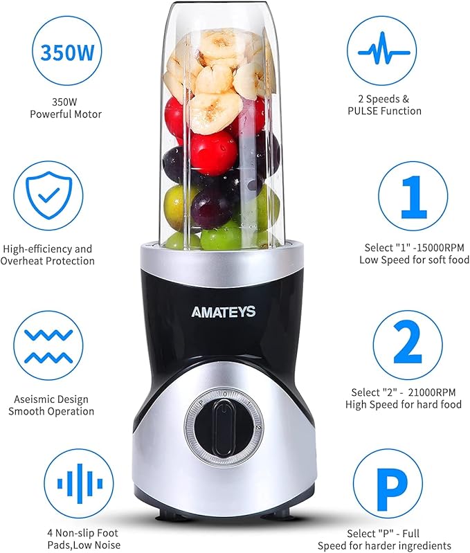 Personal Blender for Shakes and Smoothies,Professional Kitchenblender with Blending & Grinding Blades, Portable Coffee Grinder with 24/10 OZ Travel Bottles, Adjustable Speeds Juice Blender