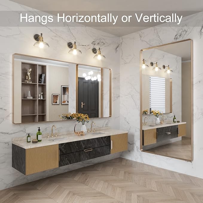 LOAAO 72”X36” Gold Bathroom Mirror, Rounded Rectangle Gold Frame Mirror, Brushed Gold Bathroom Vanity Mirror Wall-Mounted, Anti-Rust, Tempered Glass, Hangs Horizontally or Vertically