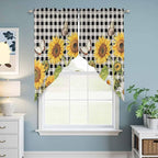 Sunflowers Swag Valances for Windows, Yellow Flowers Butterfly Farmhouse Black Plaid Rod Pocket Kitchen Curtains Valance, Small Window Curtains Swag for Cafe Bathroom Living Room, 2 Panels, 28x36 inch