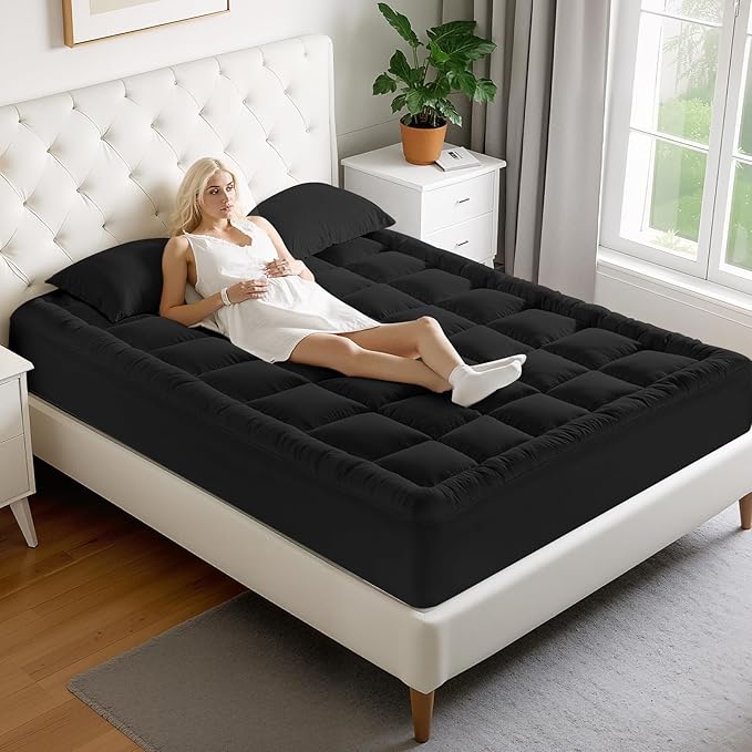 MATBEBY California King Mattress Pad - Cooling Breathable Mattress Topper, Quilted Fitted Mattress Protector, Pillow Top Mattress Cover with 8-21" Deep Pocket, Soft, Machine Washable, Black, Cal King