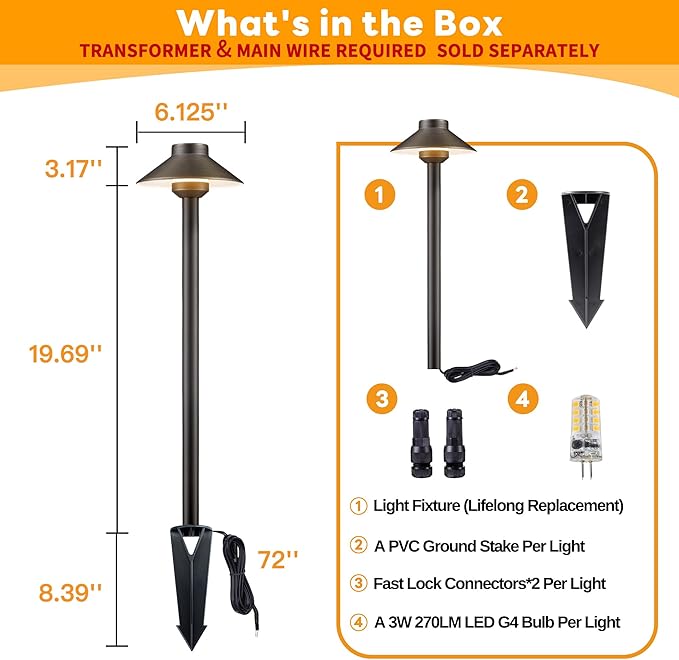 Low Voltage Landscape Lighting Brass - 12v Pathway Lights Waterproof, Hard Wired Path Light Outdoor, Mushroom Bronze for Exterior Area Patio with 3W 4000K Neutral White G4 Bulb (4 Pack)