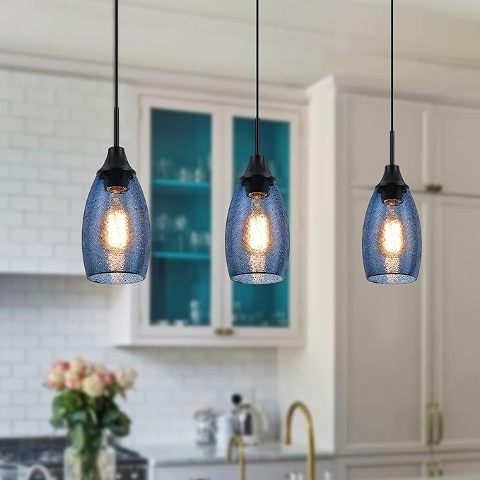 Mini Glass Pendant Light,4.72" Dark Blue Glass Hanging Light 3-Pack Handblown Clear Blue Seeded Shade Adjustable Cord Ceiling Light Fixture for Kitchen Island Sink