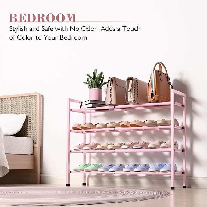 Bumusty 4-Tier Expandable Shoe Rack for Closet, 18“-33” Adjustable Shoe Rack for Small Space, Small Shoe Organizer for Front Door, Sturdy Metal, Pink