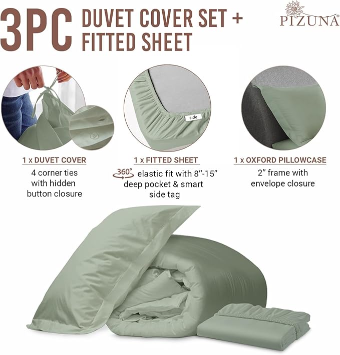 Pizuna 100% Cotton Twin 2 Pc Duvet Cover + 1 Pc Fitted Sheet Set 400 Thread Count Sea Foam Sateen Weave Luxurious Long Staple Cotton 4 Piece Bedding Set - 1 Duvet Cover, 1 Pillow Sham, 1 Fitted Sheet
