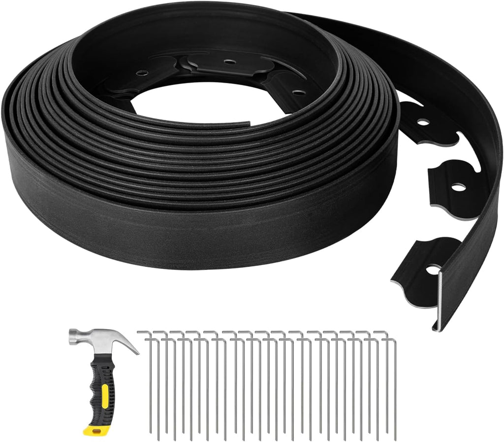 GROWNEER 33FT Landscape Edging Flexible 2 inch Tall Garden Border with 30pcs Galvanized Steel Anchoring Spikes and Hammer Lawn Edging Kit for Flower Bed, Pathway, Landscaping Project, Black