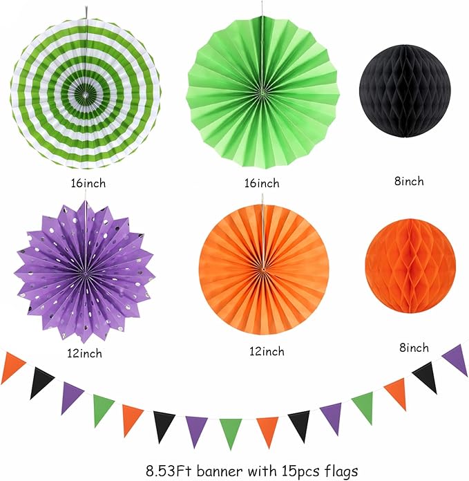 Black Purple Orange-Green Halloween Party-Decorations - 20pcs Paper Lanterns Fans,Tissue Pom Poms,Honeycomb Balls,Hotel Transylvania Hocus Pocus Birthday Baby Bridal Shower Wedding Decor Burgleda