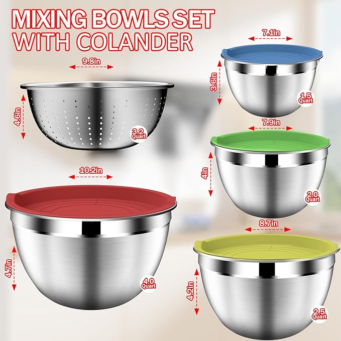 Mixing Bowls with Strainer, Mixing Bowl with Lids Set, Stainless Steel Mixing Bowls, Kitchen Gadgets 2025 Salad Bowls with Strainer for Mixing & Preping & Baking, Multicolor