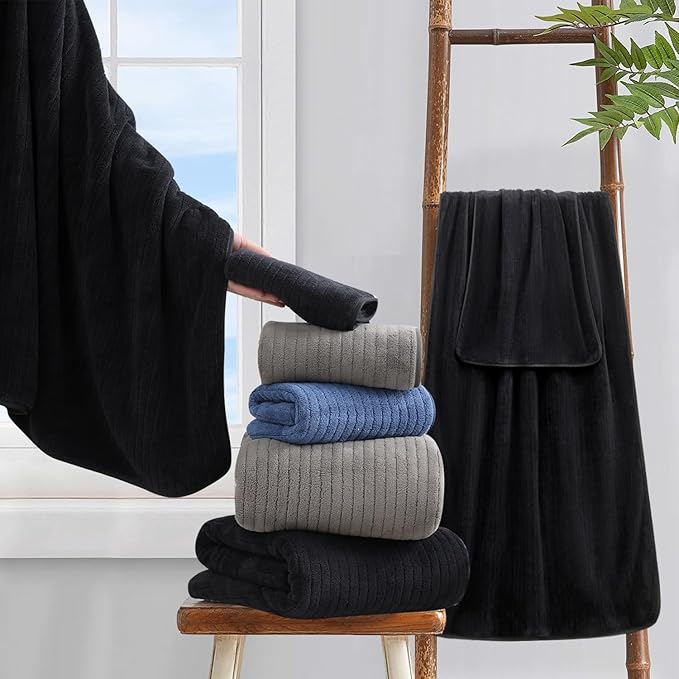 18 Piece Bath Towels Set,Super Soft Family Bathroom Towel Set with Hanging Loops-6 Bath Towels,6 Hand Towels,6 Washcloths,Highly Absorbent Quick Dry Shower Towel for Bathroom,Hotel,Spa-Black Towel Set