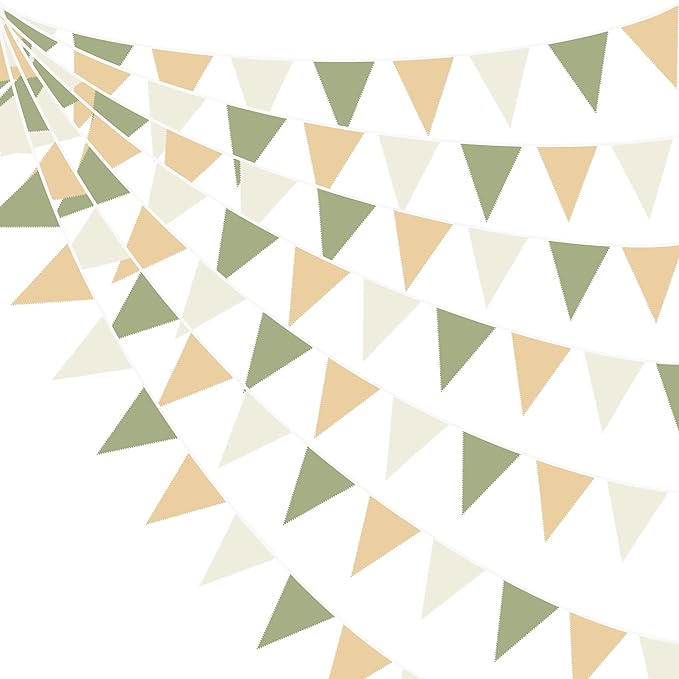 32Ft Camping Party Decorations Olive Green Tan Brown Cream Neutral Triangle Flag Fabric Banner Pennant Garland Streamers for Woodland Birthday Jungle Baby Shower Safari Camper Bachelorette Decor