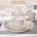 Romswi Ceramic 18Pcs Dinnerware Sets,Stoneware Plates and Bowls Set for 6, Chip & Scratch Resistant Ribbed Dish Set, Handmade Reactive Glaze, Oven, Microwave & Dishwasher Safe, Cappuccino White