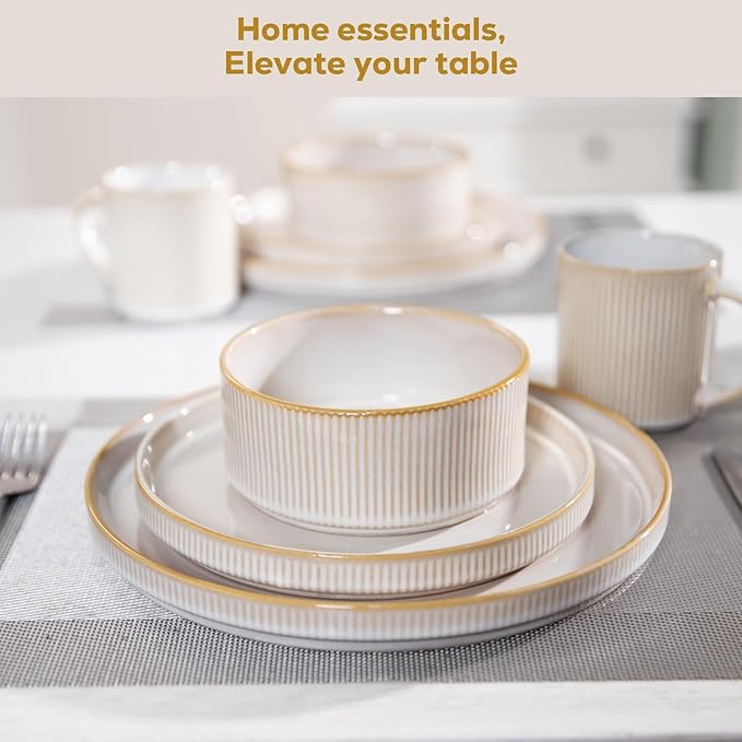 Romswi Ceramic 18Pcs Dinnerware Sets,Stoneware Plates and Bowls Set for 6, Chip & Scratch Resistant Ribbed Dish Set, Handmade Reactive Glaze, Oven, Microwave & Dishwasher Safe, Cappuccino White