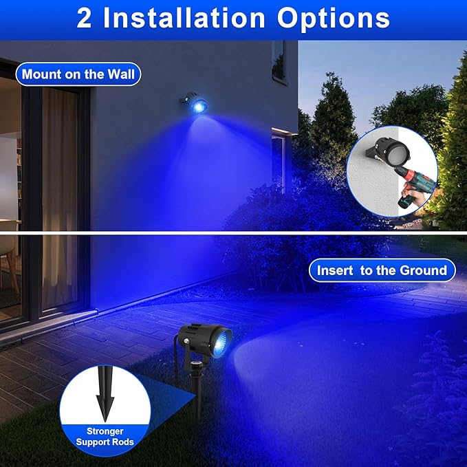Blue Landscape Lights Outdoor, 14 LED Landscape Lighting with US Plug, IP65 Waterproof Spotlights for Tree Yard Garden Pathway Halloween Christmas Decor 2 Pack