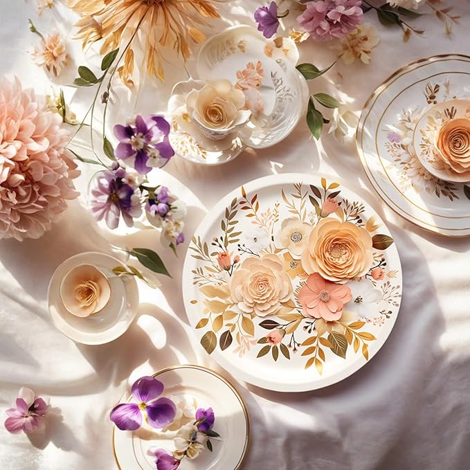 Boho Fall Plates and Napkins Sets, Floral Paper Plates Supplies Serves 50 for Boho Birthday Party Decorations,150PCS
