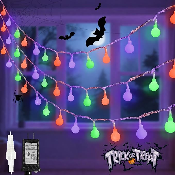 Connectable Orange Purple and Green Halloween Lights Outdoor Indoor - 43FT 100LED Globe String Lights Plug in with Timer, 13 Modes Fairy Light Waterproof for Party Halloween Decorations Bedroom Decor
