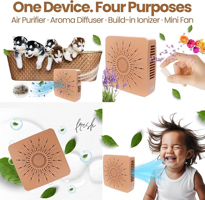 4-in-1 Portable Air Purifier HEPA Filter, Aroma, Ionizer & Mini Fan – USB-C Desktop Air Cleaner for Smoke, Pollen, Dander, Odors – 5 Colors for Bedroom, Office, Baby, Pets, Travel (Warm Beige)