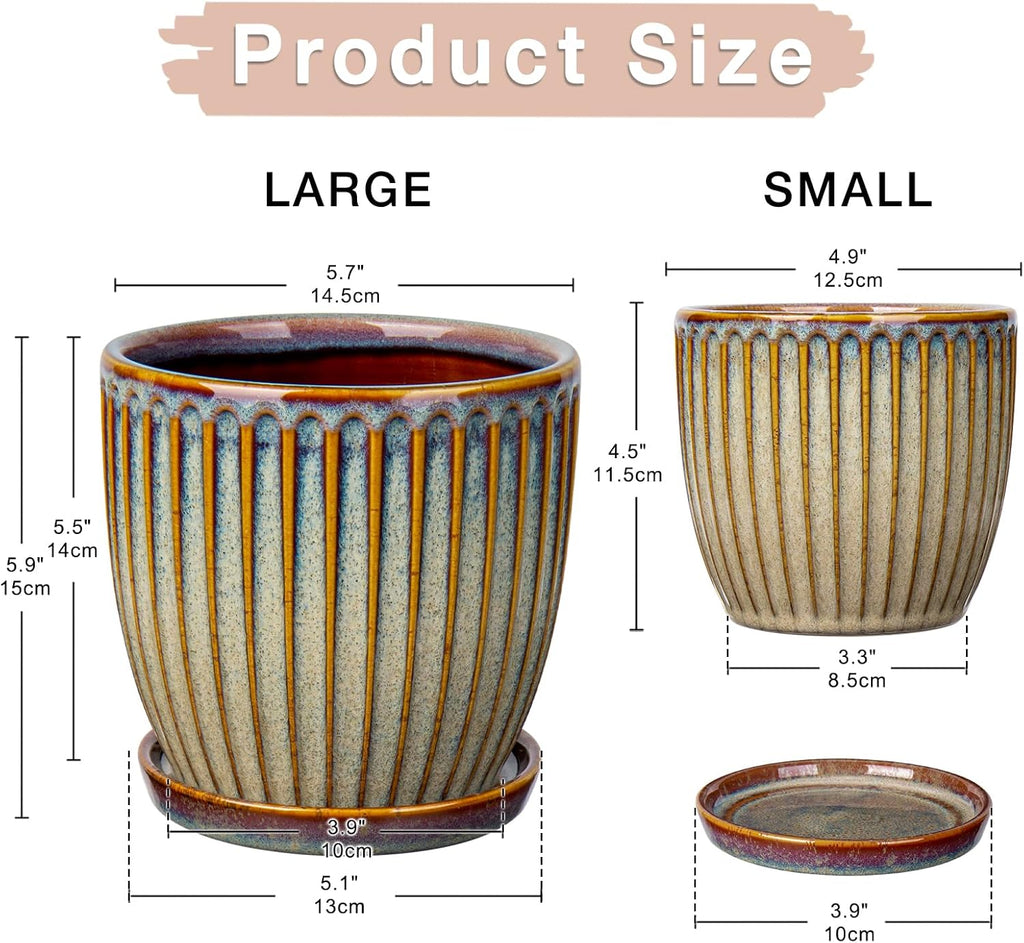 Oairse Ceramic Pots for Indoor Plants, 4.9 +5.7 inch Set of 2 Brown Plant Pots with Drainage Holes and Saucers Texture Ceramic Planters Indoor Outdoor Flower Planters for Succulent
