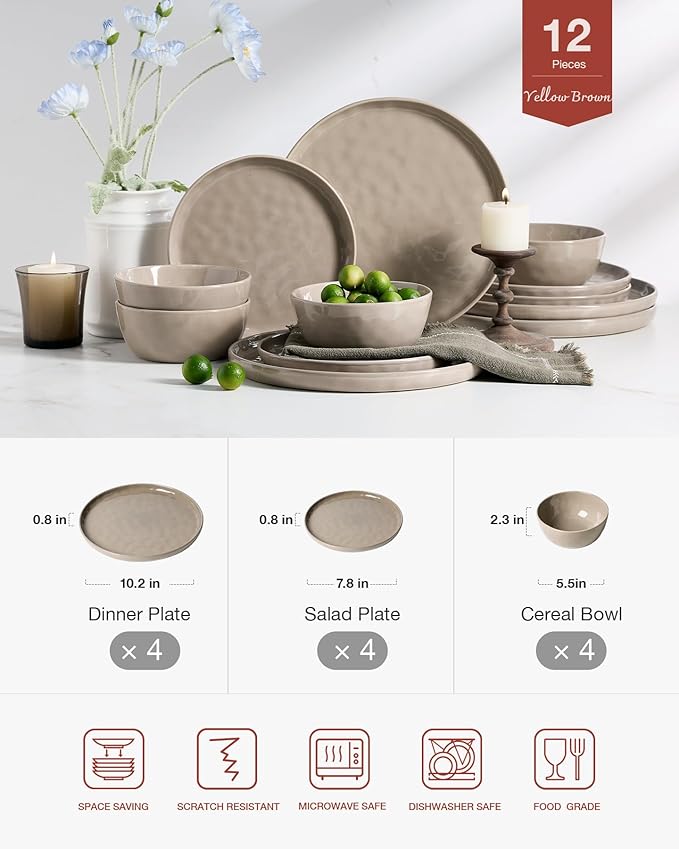 Famiware Mars Plates and Bowls Set, 12 Pieces Dinnerware Sets, Dishes Set for 4, Cinnamon Brown