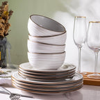 GBHOME Ceramic Dinnerware Sets,12 pcs Embossed Elegant Stoneware Plates and Bowls Sets, Housewarming Wedding Gift | Dishwasher & Microwave Safe | Dishes Set Service for 4