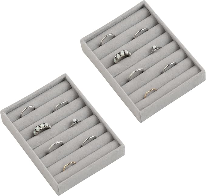 Frebeauty Small Jewelry Tray Set,Velvet Ring Organizer,Stackable Jewelry Organizer Tray,Mini Jewelry Drawer Organizer,4.92 x 3.74 x 0.9 Inches,7 Slots Ring Tray for Women(Set 2,Grey)